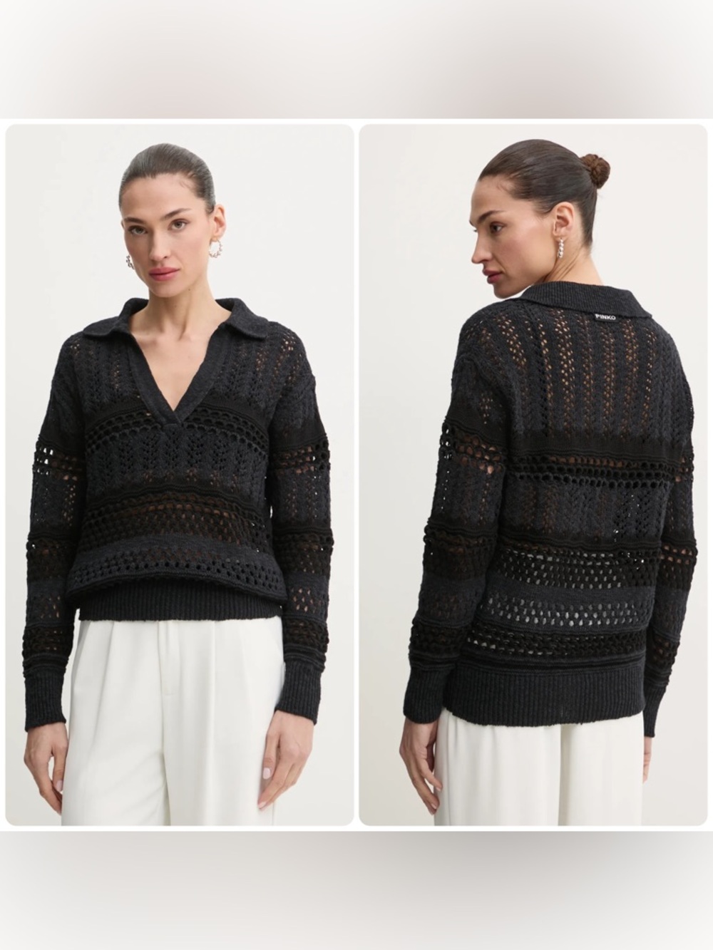 New! PINKO Gorzano Crochet Navy + Black Open-Knit Linen Collared Polo Sweater 🖤M